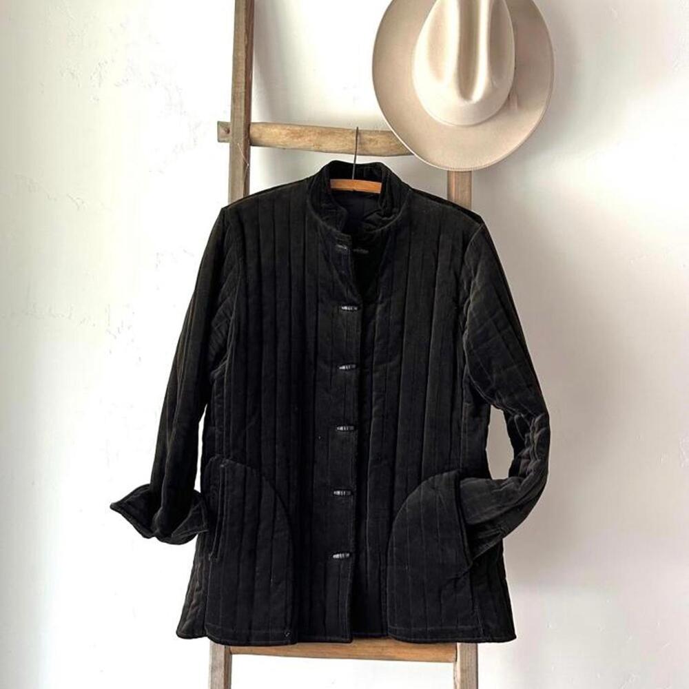 Vintage Quilted Black Velvet Asian Jacket 70s Boho Hippie Quilted Jacket Size M